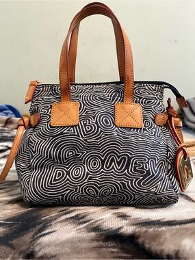 Dooney & Bourke blue  and White Graphic Satchel with Tan Trim